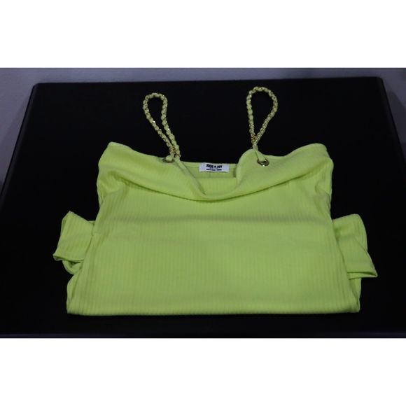 Women's Large Neon Lime Greenish-Yellow Sexy Chain Strap Mini Dress - Picture 2 of 3